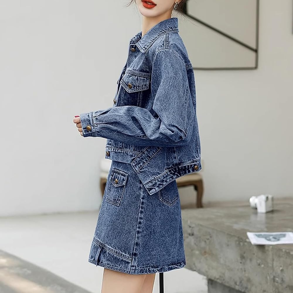 ジャケット・アウター Denim Blouson & Balloon Skirt Set Embroidered Denim Skirt and Cropped Jacket Set | Mabel Love Co